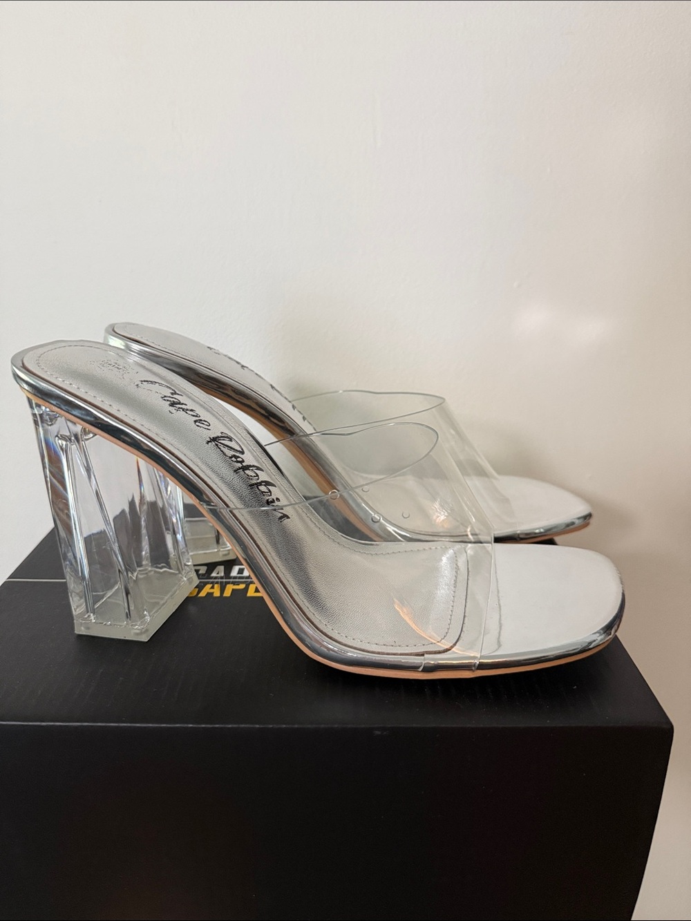 Cape Robbin Clear PVC Block Heel Slide Sandals with Silver Footbed